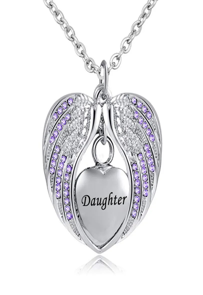 Birthstone Charm Pendant Memorial Urn Halskette Edelstahl wasserdichte Engel Flügel Keepsake Cremation Schmuck für Tochter2673335