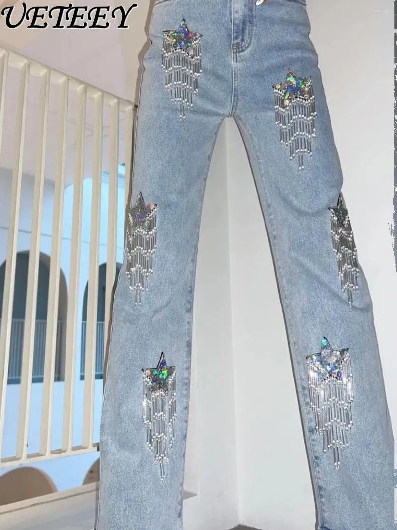 Kadınlar Kot pantolon yüksek dereceli parlak püskül boncuk Avrupa tarzı yüksek bel düz geniş bacaklı denim pantolonlar bahar sonbahar açık mavi kadınlar için