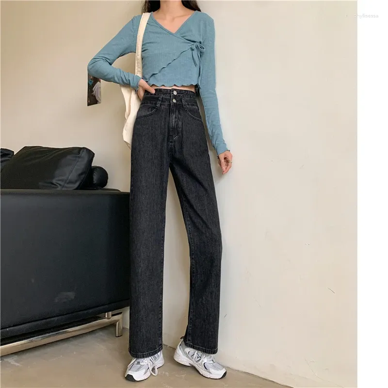 Dames jeans herfst en winter Koreaanse mode streetwear vintage hoge taille vrouwen zwart wide been vrouwelijke rechte baggy mom mom denim broek