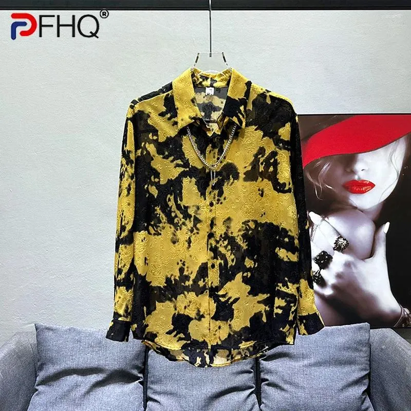 Men's Casual Shirts PFHQ Summer Light Luxury Handsome High Quality Ink Painting Long Sleeve Thin Art Delicacy Tops 21Z4188