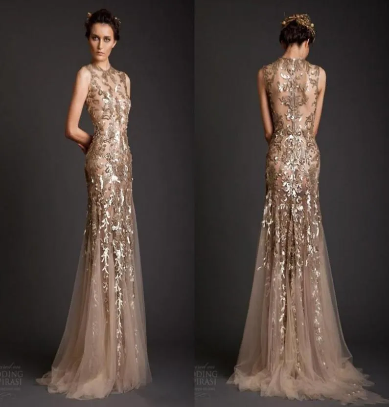 Krikor Jabotian Robes de soirée Classic Gold Sirène Forme en tulle