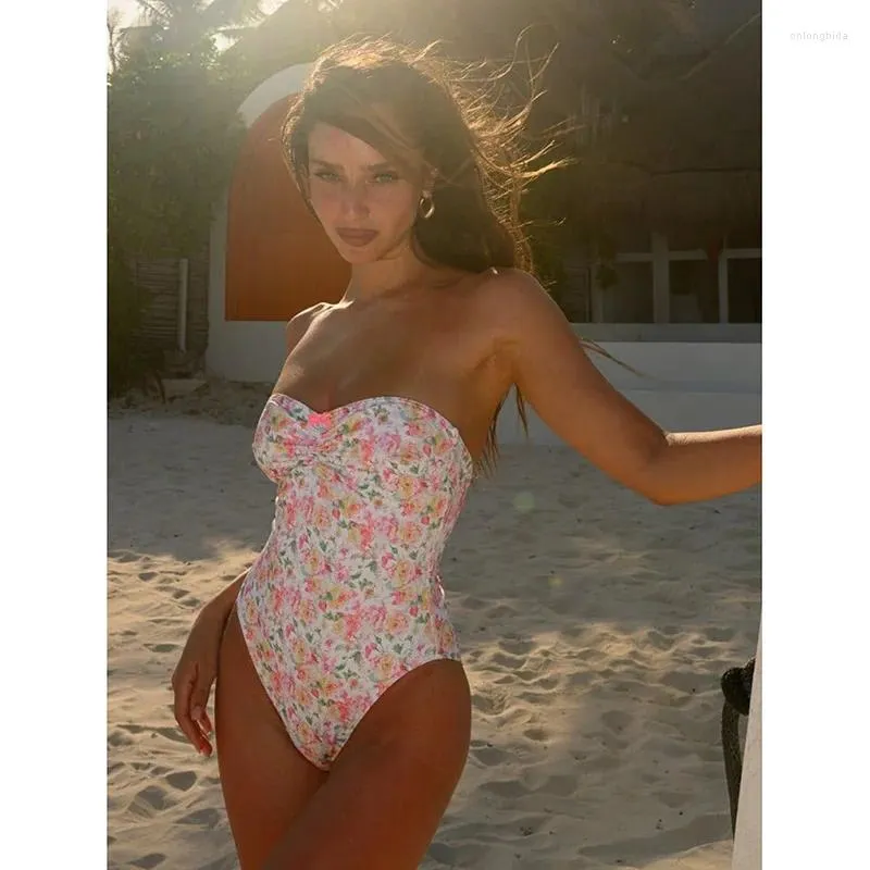 Kobiety stroju kąpielowego 2024 dla kobiet seksowne vintage kwiat push up jednym kawałkiem bandeau brazylijskie bikini z nadrukiem plażowym
