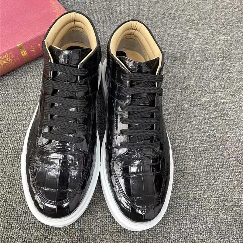 Casual Schuhe authentische exotische Krokodilhaut Männer High-Top-Brett echte echte Alligator Leder Männliche Schnüre-Winter-Knöchel-Wohnungen