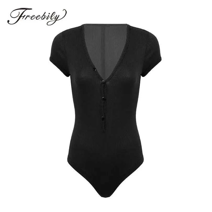 Macacões femininos macacões de macacões XXL Botão de decote em V Womens DP curto Sve Bodysuit Solid Elastic Bodysuit de macacão casual Top Dance Practice Y240504