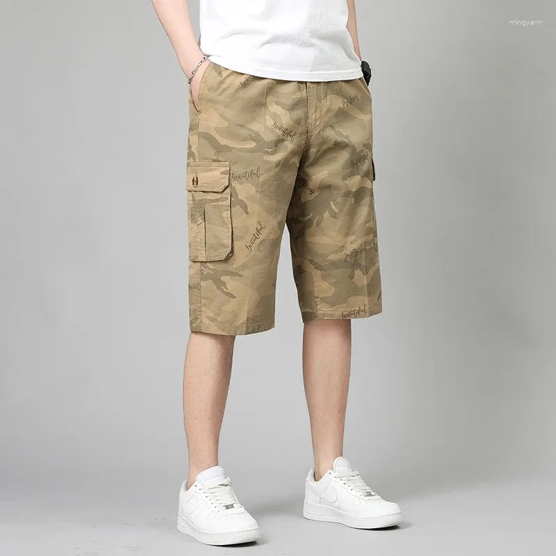 Pantaloni da uomo abbigliamento modella camuffato capri tasche in stile safari stampato estivo giunti una vita elastica di base casual elastica di base