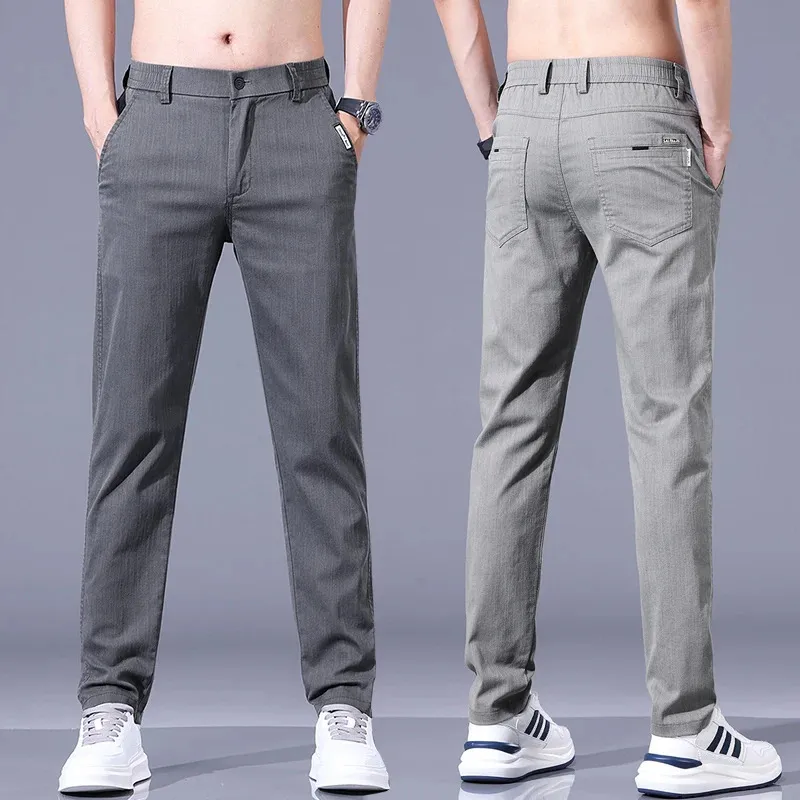 Spring Summer Mens Pants In Gray Thin Business Casual Man Pantalons Elastic Straight Trousers For Men Sweatpants 240417