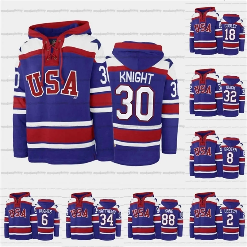 CEOA3740 Custom USA Hockey Team Lace-up Relate Hoodie 34 Auston Matthews 6 Jack Hughes 88 Patrick Kane 30 Spencer Knight 32 Jonathan Quick 2 Brian