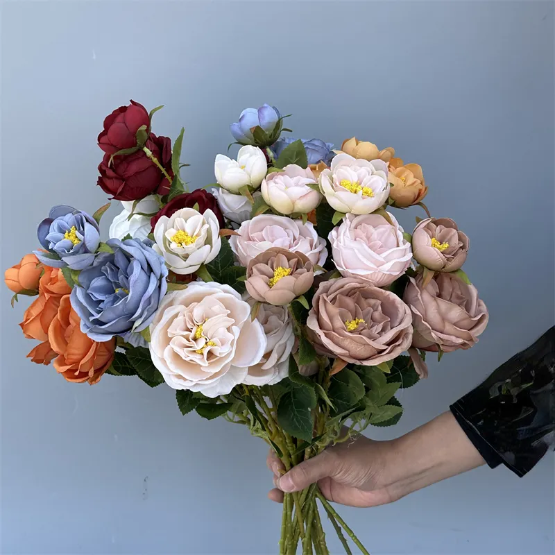 10pcs Bouquet de fleurs de rose artificielle Bouquet Rose Rose Rose Fausses Rose Fleurs de rose Blanc Blue Décorations de mariage