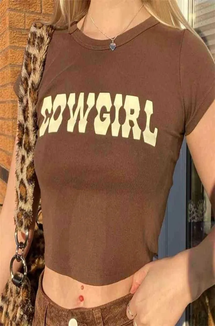 Cowgirl print crop top dames zomer zomere mouw ronde nek katoen grafische tees t shirt slank streetwear t -shirt y2k new 2103253449333