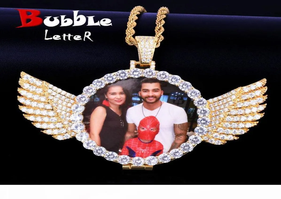 Gold Custom Made Po With Wings Medallions Necklace Pendant 4mm Tennis Chain Cubic Zircon Men039s Hip Hop Jewelry 75x55cm4365222