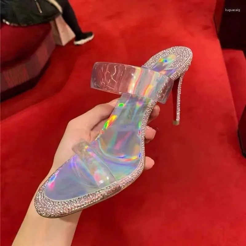 Elbise ayakkabıları açık yuvarlak ayak parmağı yüksek topuk sandalları stiletto rhinestone şeffaf terlik bacak uzatan seksi kristal kadın sanalyiler