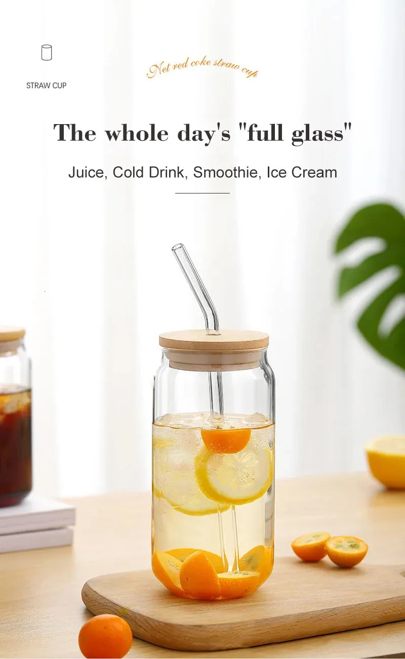 Eco-Friendly Glass Cup with Bamboo Lid and Straw: Transparent Drinking ...