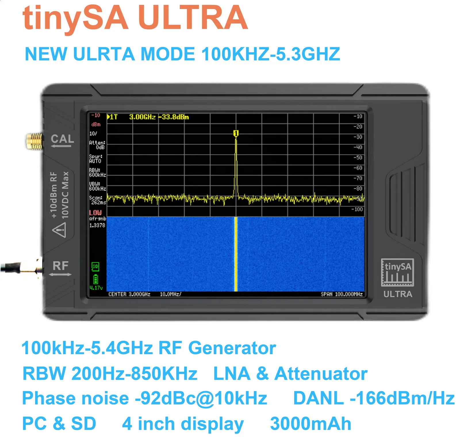 オリジナルのTinysa Ultra 100KHz-5.3GHz4inchディスプレイハンドヘルド小さなスペクトルアナライザーRFジェネレーター付きバッテリー240429