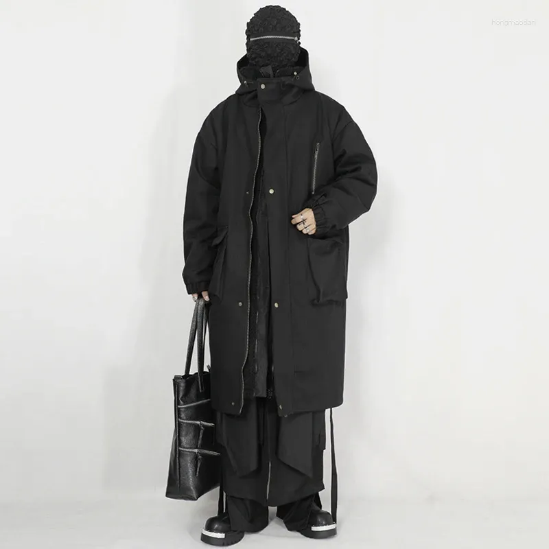 Herenjacks Winter Donkere slijtage Kleding Trench jas Midlengte zware warme kasjmier tweedelig verdikte losse capuchon Loose katoen