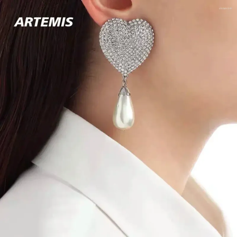 Bengelen oorbellen mode volle diamant kristal hart parel pearl big oord clip vrouwen topkwaliteit luxe sieraden trend