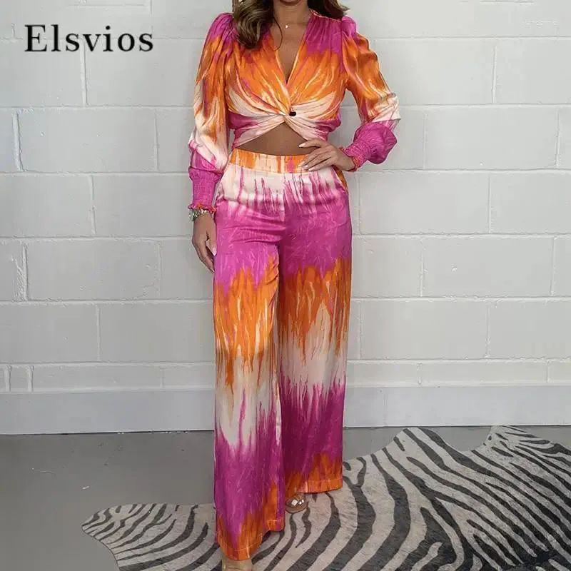 Pantalon de deux pièces pour femmes Sexy Deep V Twist Cutte Top et réglez la mode Tie-Dye Imprimée Slim Fit Chic Chic Casual Long Mancheve Two-Piece