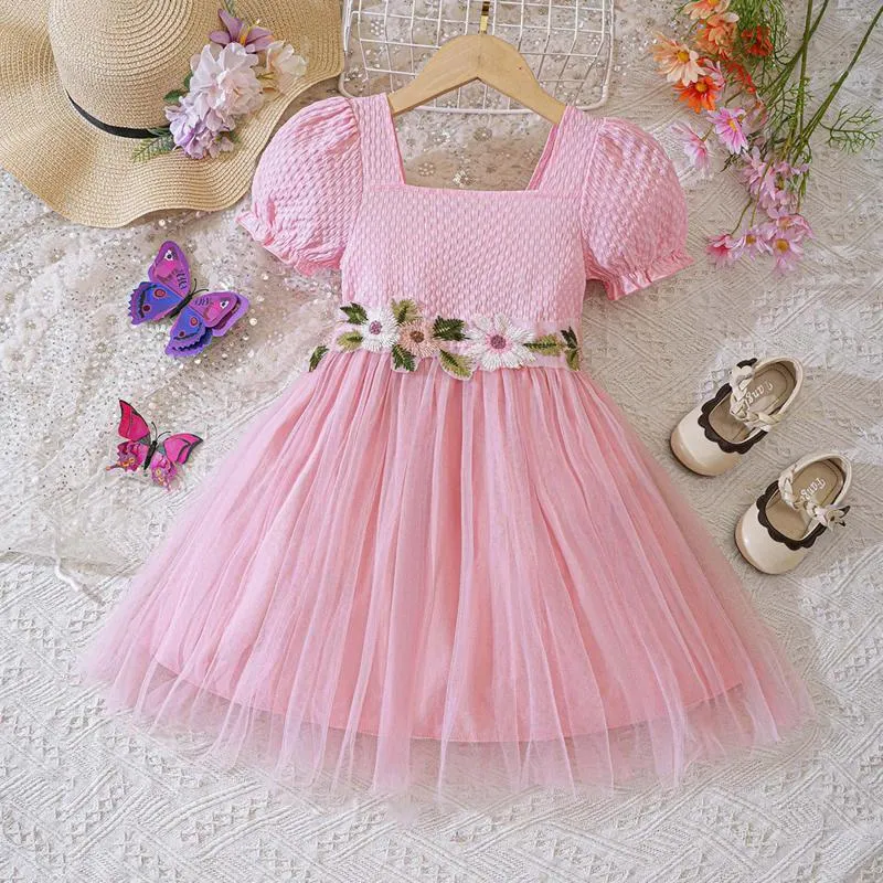 Girl Dresses Pretty Kids Toddler Girls Dress Embroidery Flower Short Sleeve Mesh Patchwork Princess Party Prom Tulle 1-6 Years