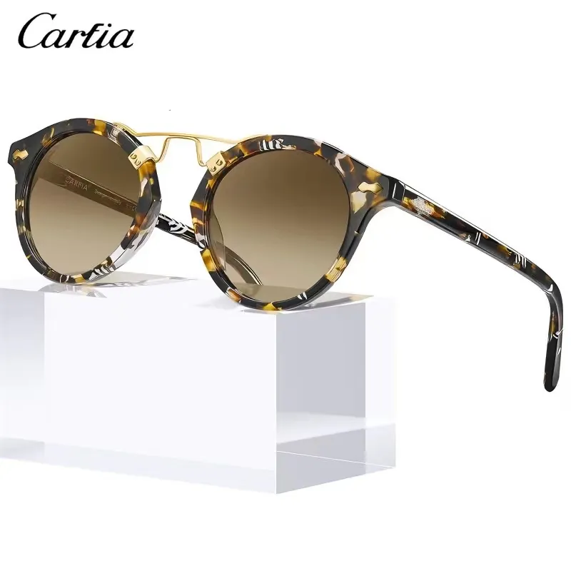 Óculos de sol polarizados para mulheres, lentes espelhadas, lentes espelhadas de ponte dupla e óculos de metal redondo sunnies