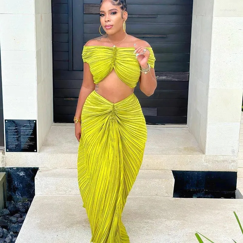 Elegant Pleated Maxi Dress Work Outfit Set For Women Perfect For Birthday Clubwear And Party Nights Includes Ruched Slash Neck Crop Top And Long Skirt Dress From Nvzhuangd 27.26 DHgate.Com