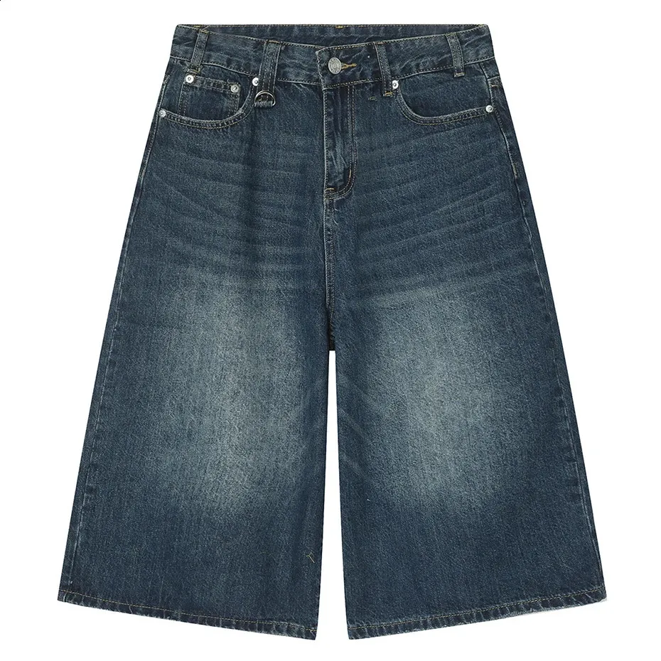 Men Loose Midweight Acrylic Denim Shorts Blue Wide Leg Baggy Jean