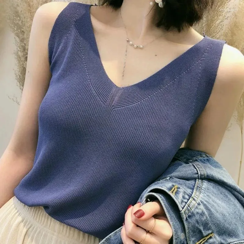 Damestanks breien tanktop v-neck ijs zijden blauw mouwloze 2024 zomer kledingvesten voor vrouwen Koreaanse mode losse elegant casual