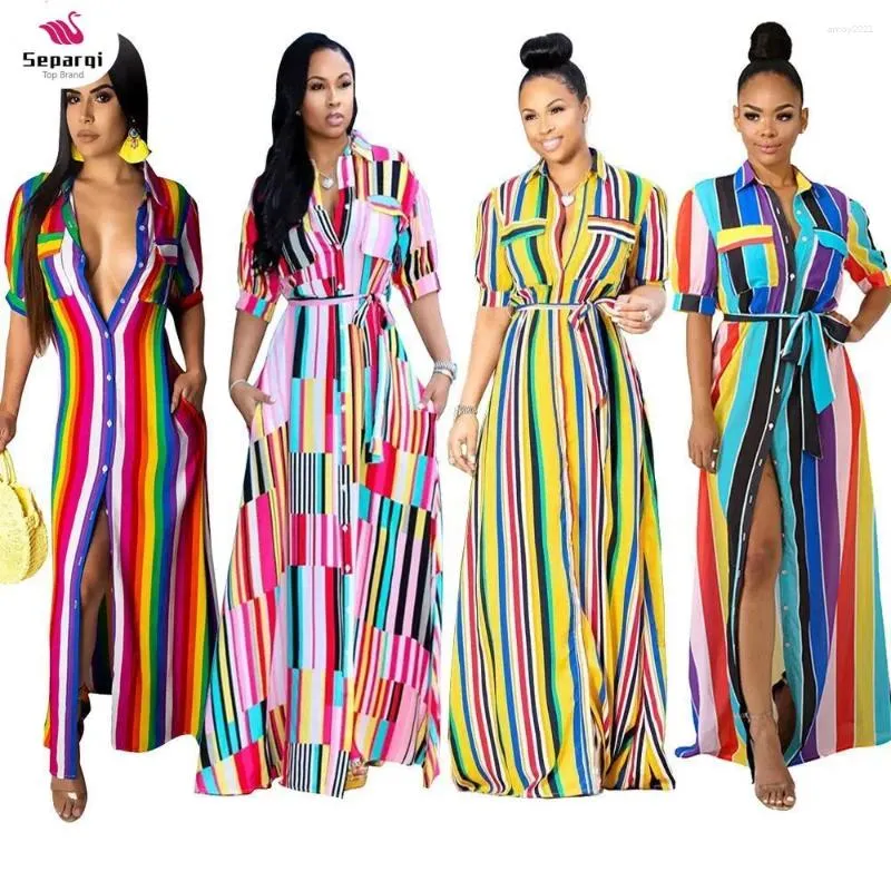 Colorful Tie Up Split Robe Maxi Shirt Dress Elegant Boho Beach Lady ...
