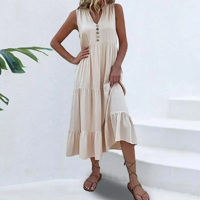 Summer Midi Dress with V-Neck, Pleated Patchwork, Hem Detail, and Loose Fit for Casual and Beach Wear