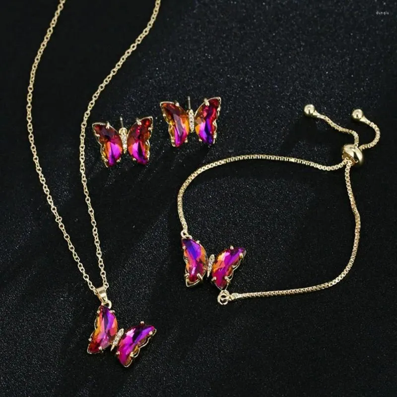 Ketens glazen materiaal vlinderarmband ketting met diamanten romantische oorring set sieraden vrouwen