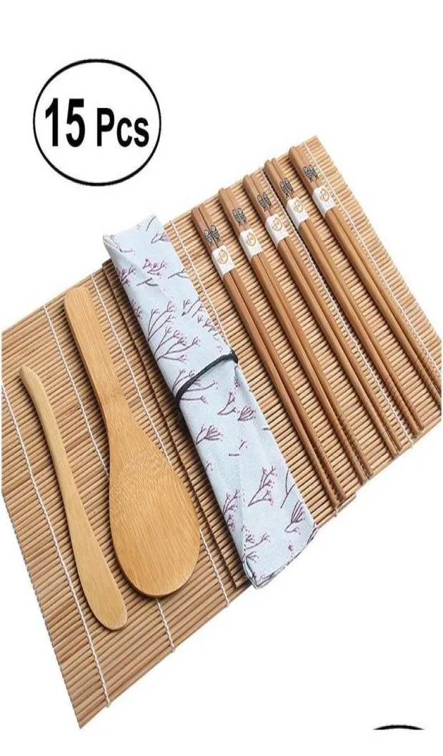 Le kit de fabrication de sushis en bambou comprend 2 tapis roulants de sushi 1 towl 1 riz paddle 1 écran de riz 5 paires baguettes 15pcsset isf3K4658035