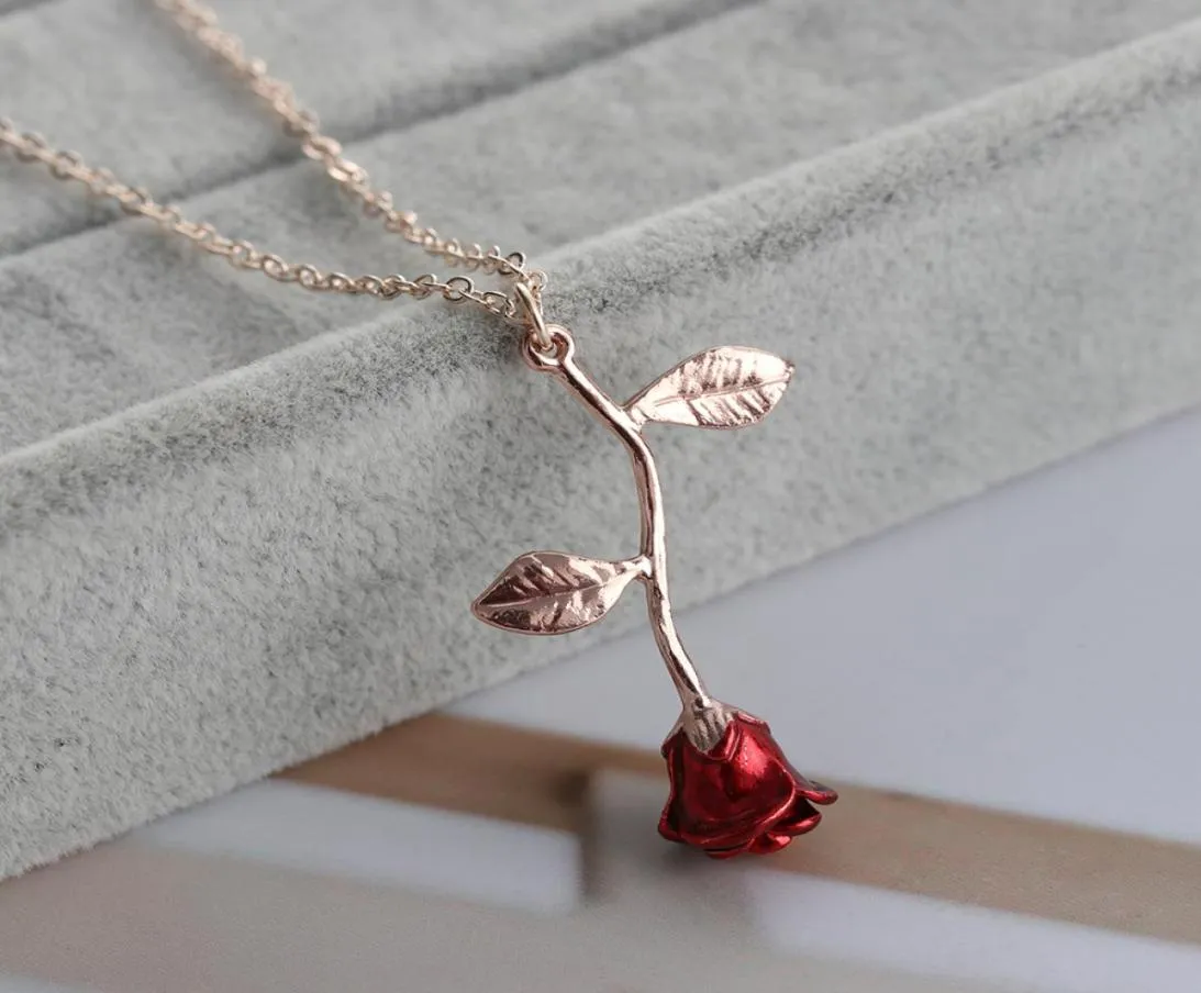 Delikat handgjorda legering Red Rose Flower Pendant Necklace Beauty Gold Silver Plated Charm Valentine Gift Women Fashion Jewelry2323685