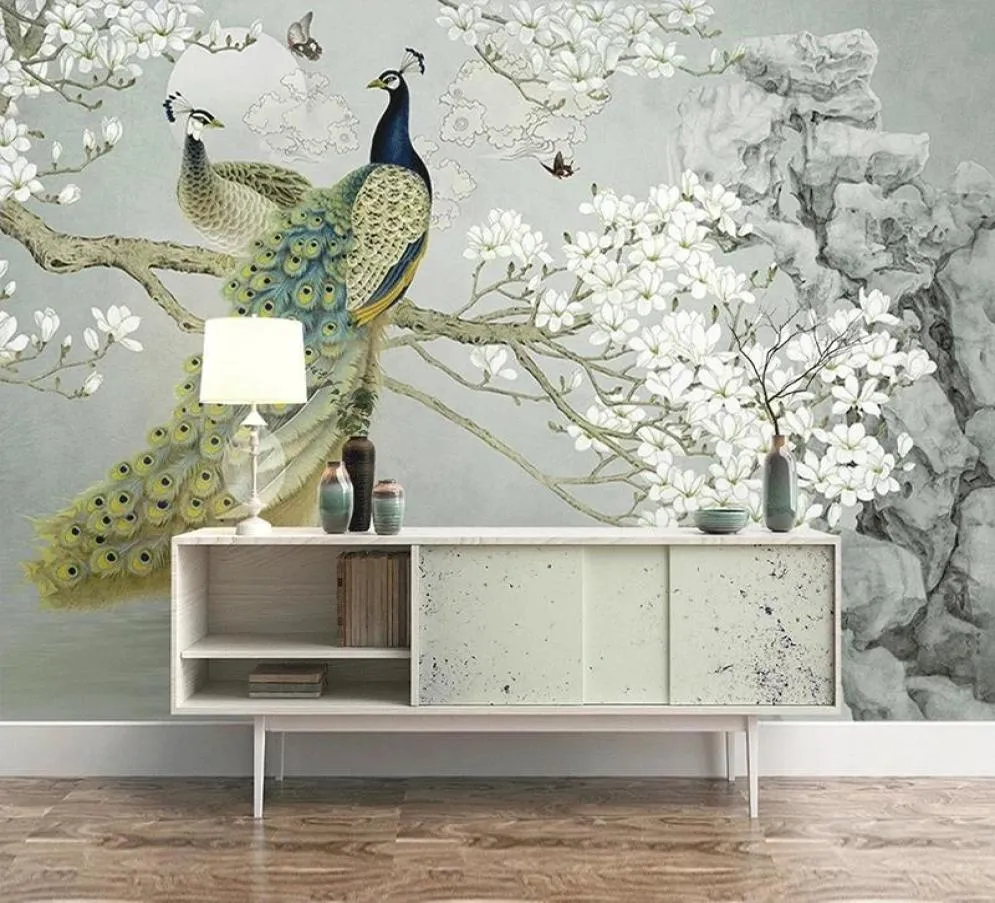 Aangepaste muurschildering Zelfklevend behang 3D Peacock Magnolia Flowers Painting Studie Woonkamer Achtergrond Home Decor Waterdicht Wallp1097035