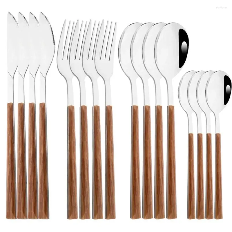 Dijkartikelen sets 16 stks roestvrijstalen bestek set imitatie houten handgreep westelijk servies bruin zilveren mes vork lepel keuken