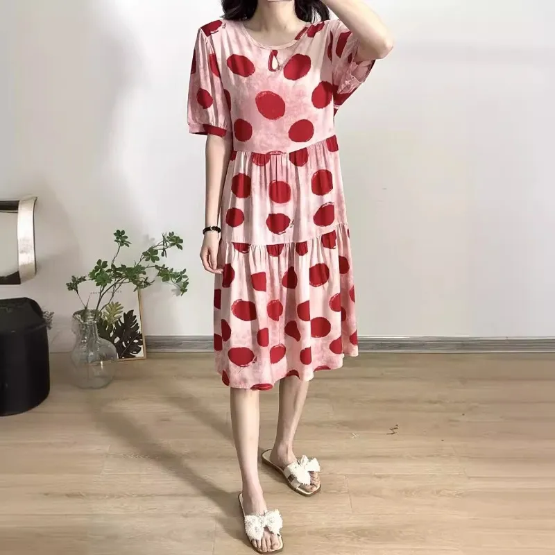 Women rayon dress printed cotton silk short sleeve loose midi skirt dress  spring summer