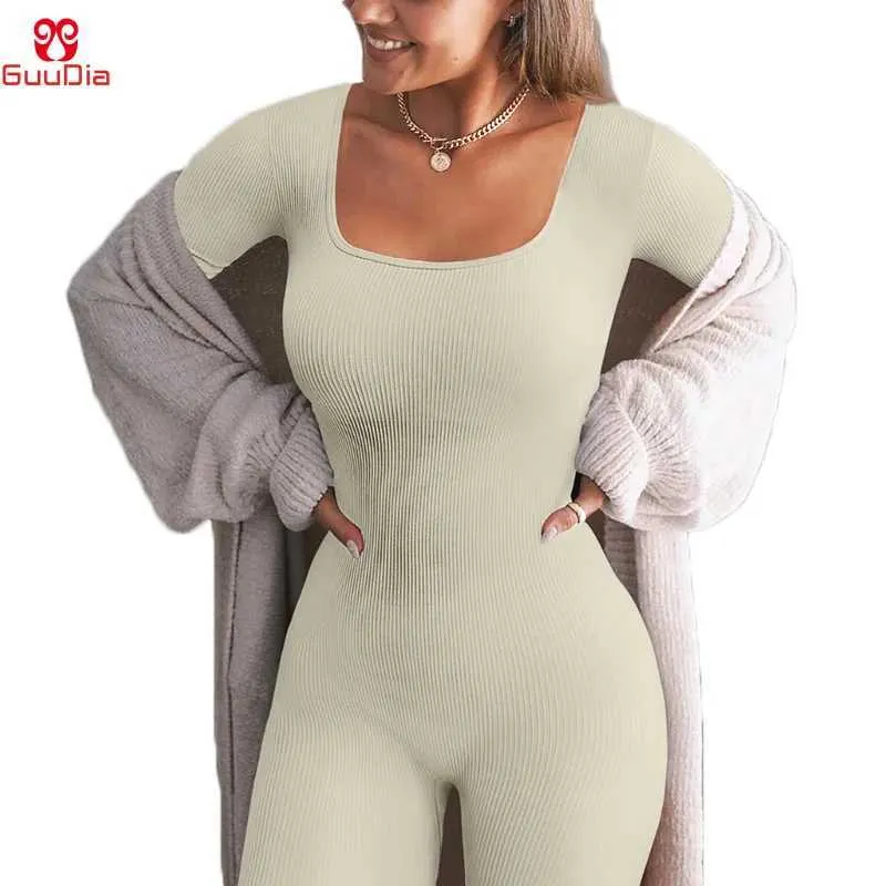 Waist Tummy Shaper Guudia Padded Cup jumpsuit with thumbhole ribs womens long sleeved square neck sexy tight fitting jumpsuit set Q240430