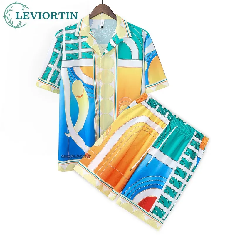 Erkekler Büyük Boy Gömlek Komik Retro Geometrik Baskı Blok Plaj Şortları Set Hawaii Gömlek İki Parça Kıyafetleri Sokak Giyim UNISEX 240419
