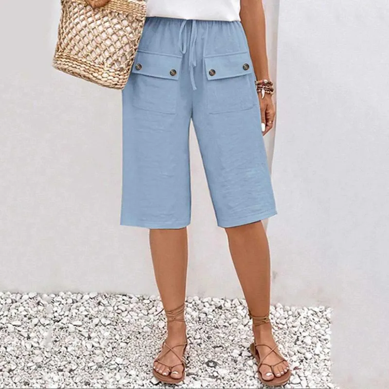 Shorts femininos mulheres moda moda cor sólida azul abotonete o bolso duplo laço up as calças casuais soltas férias na praia feminina roupas femininas