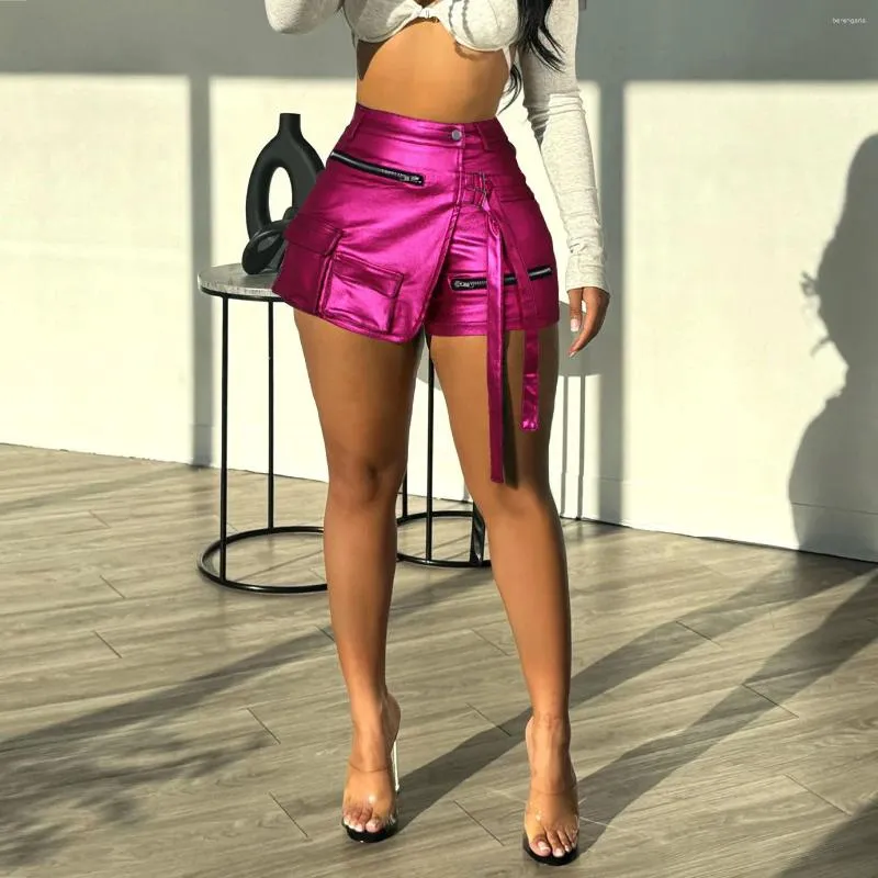 Short féminin Sexy Pu mini jupe de cargaison avec poches Femme Femme Bodycon Casual Sleed Streetwear Clothes Bottoms