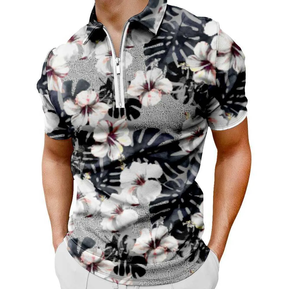 Novos elementos florais de estilo havaiano em torno da camiseta polo de mangas curtas com zíper para homens