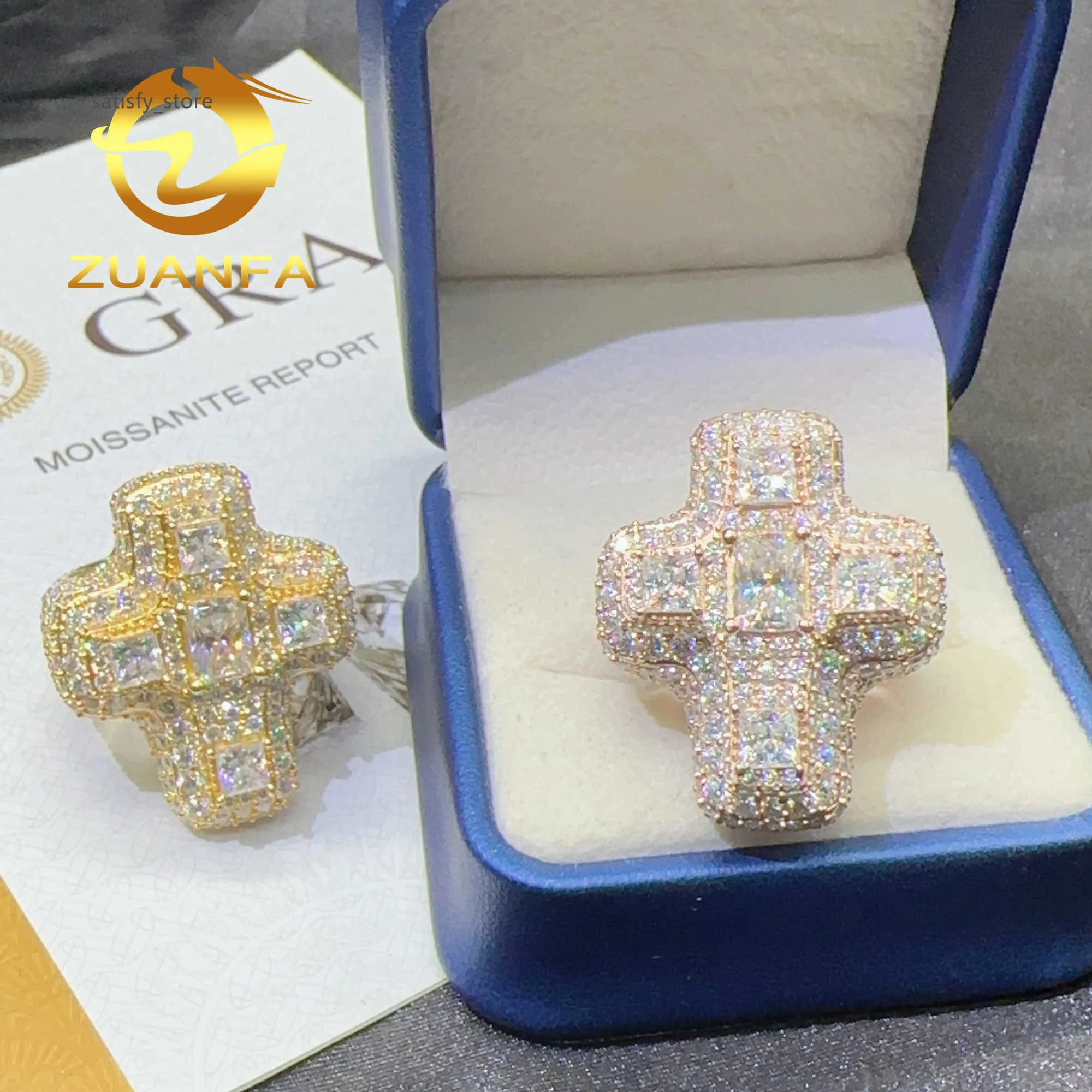 Luxe mode -sieraden Gold Golde Sterling Silver 925 VVS Moissanite Princess Craced Cross Rings hiphop ringen