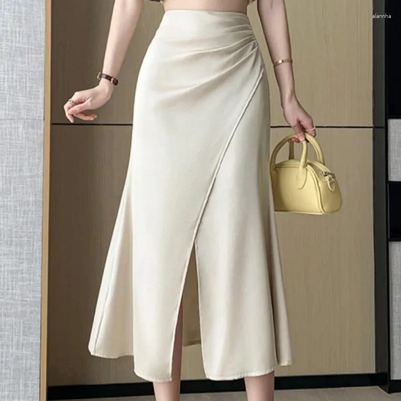 Юбки Seoulish Mid для женщин лето 2024 г. китайский стиль атласная юбка для рыбного хвоста плиссированная ретро -офисная леди повседневная женщина