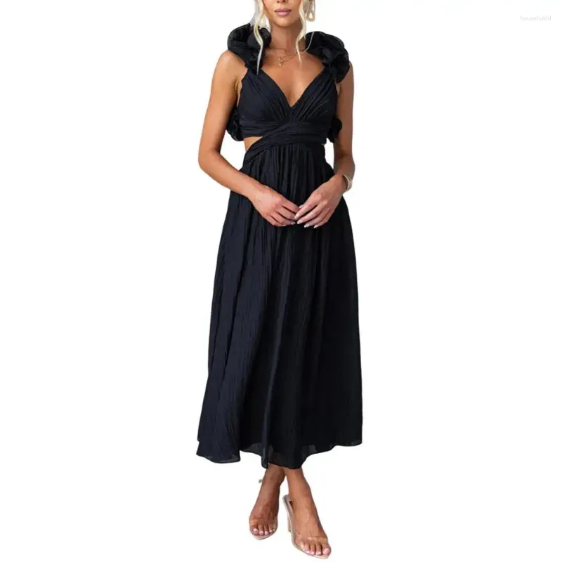 Casual Dresses Women Dress Corsss Back Ruffle Pleated Deep V Neck Sleeveless Lace-Up Strap Ankle Length Prom Evening Party