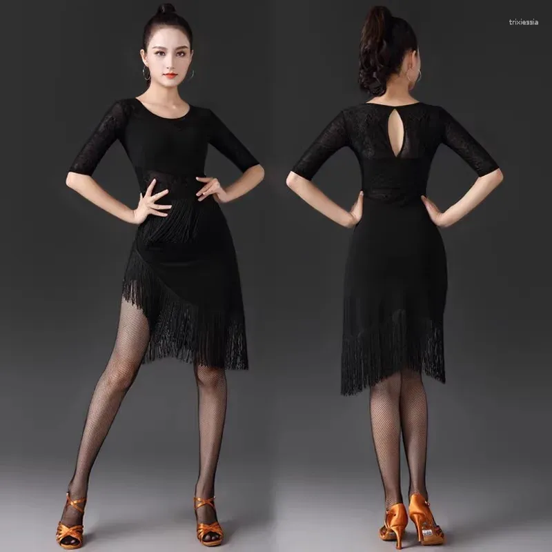 Stage Wear 2024 Latin Dance Spódnica Autentyczna Kryształowa Bawełna Kryształowa Cotton Black Tassel Black