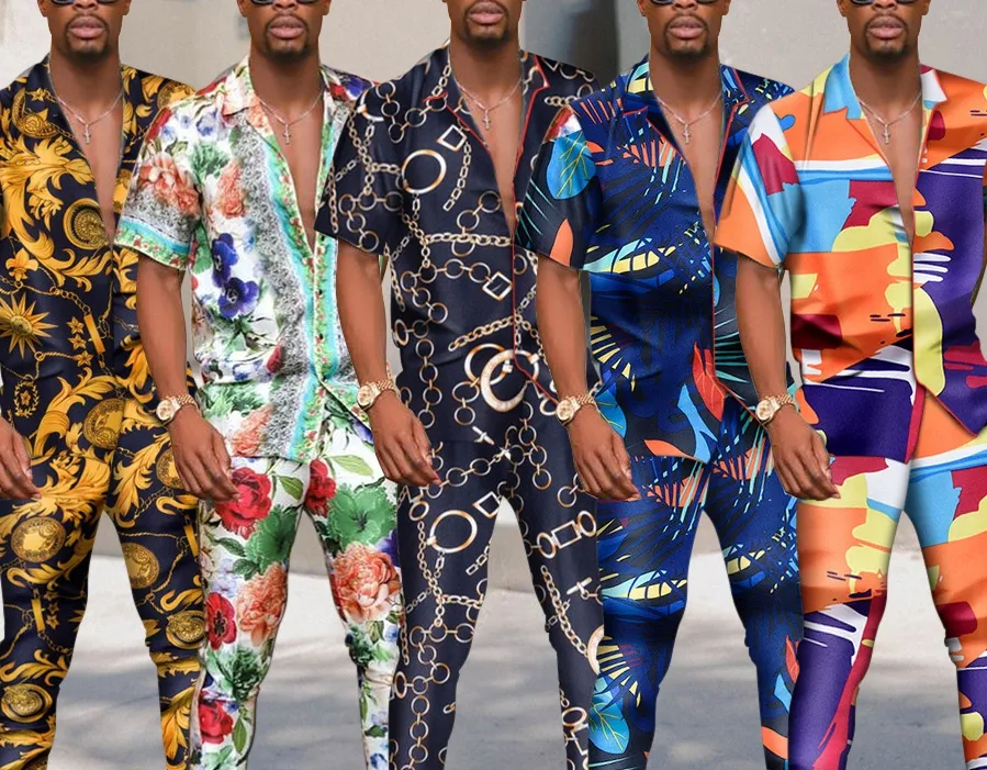 Zomer 2 stks set man mode hawaii tracksuits print shirt shirt met korte mouwen long pant suit tracksuit voor mannen hawaii outfits sets tweedel pant set printing man pakken