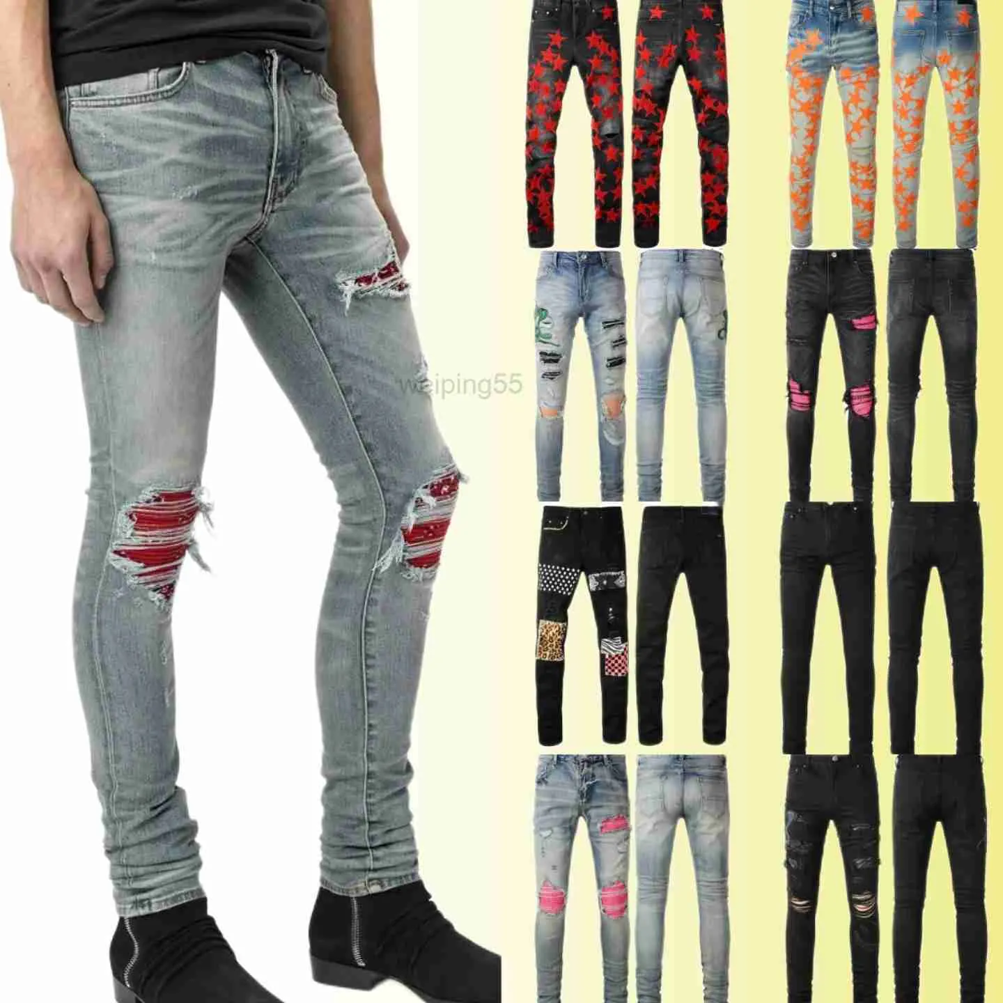 Jeans maschi jeans jeans jeans viola jeans per uomo magro motociclistico alla moda foro patchwork strappato tutto l'anno jeans a gambe sottili all'ingrosso 2 pezzi 10% offw3mo