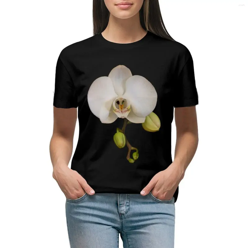 Women's Polos White Orchid On Black T-shirt Vintage Clothes Aesthetic Female Spring Women 2024