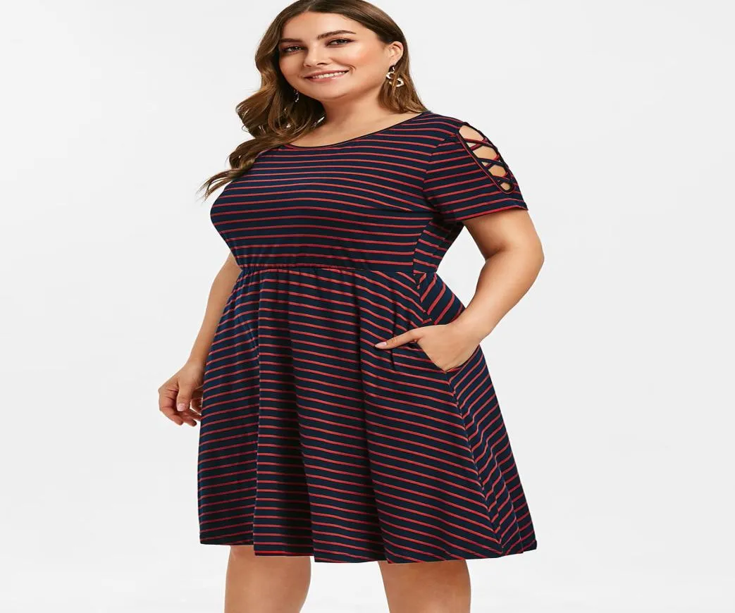 Wipalo Plus Size Striped A Line Dress Criss Sleeve Elastic Waist Dress Summer Casual Work Dresses Women Dress Vestidos Y2001208687603