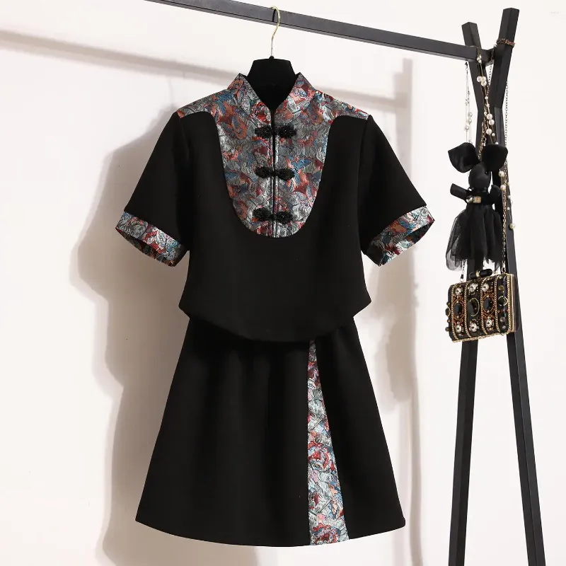 Рабочие платья летние хлопковые набор для женских блузских топов и мини-юбки Женщины Большой размер китайский вышитый черный сочетание