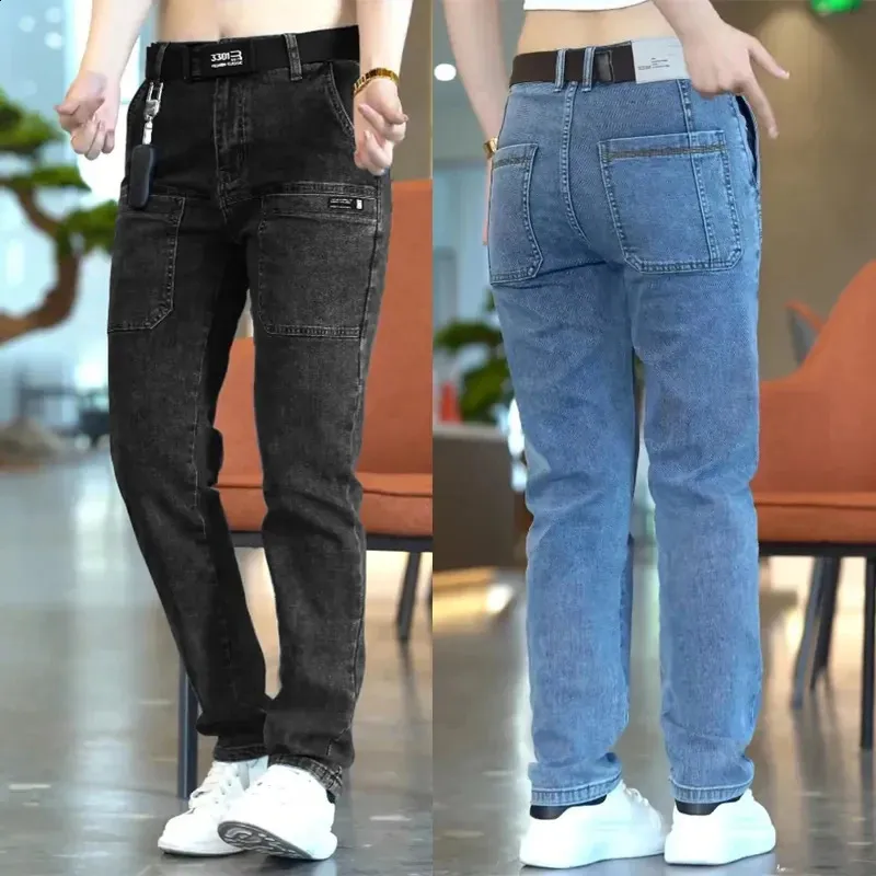 Men Slim Stretch Jeans Multi Pocket Cargo Pants Fashion Streetwear Designer Skinny Male Denim Trousers Brand Kleding Blauw Zwart 240422