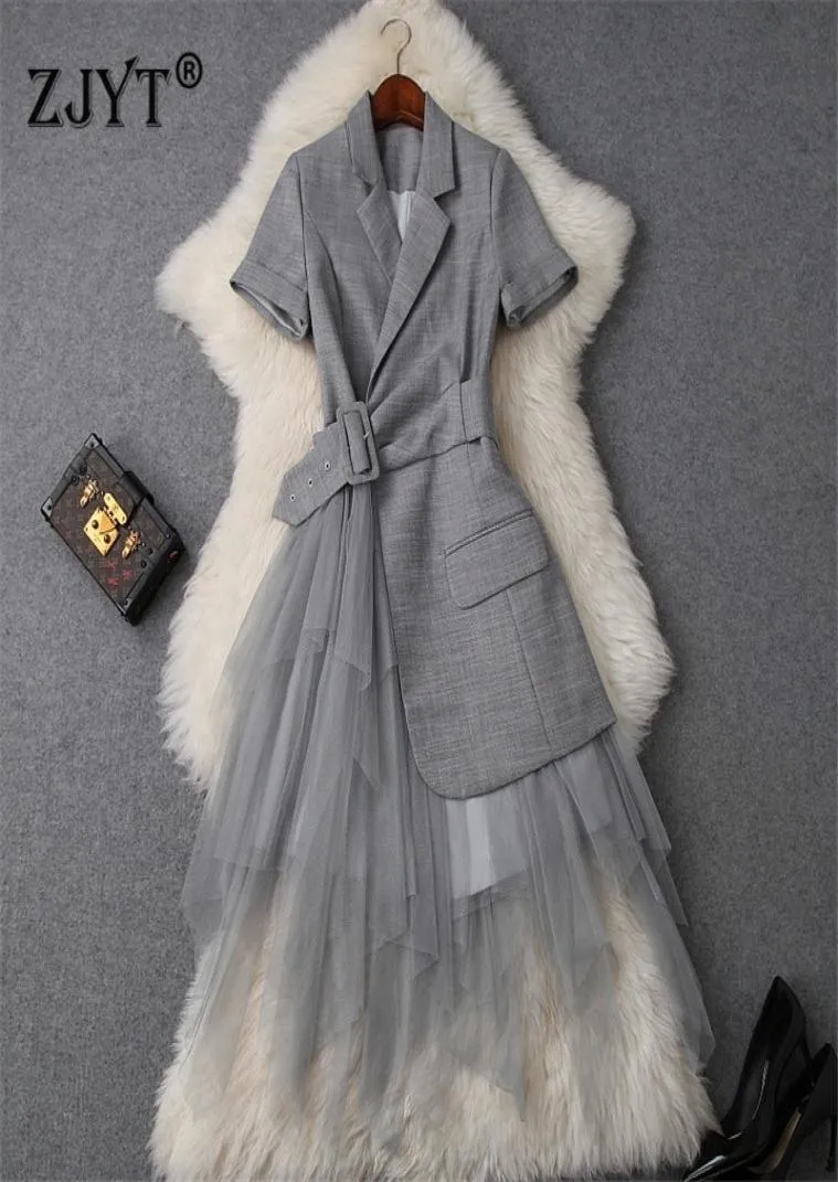 Projektant mody Summer Dres Ubrania eleganckie OL -Notched kołnierz Blazer Patchwork Tiulle Party Office Dress Y2001029058407
