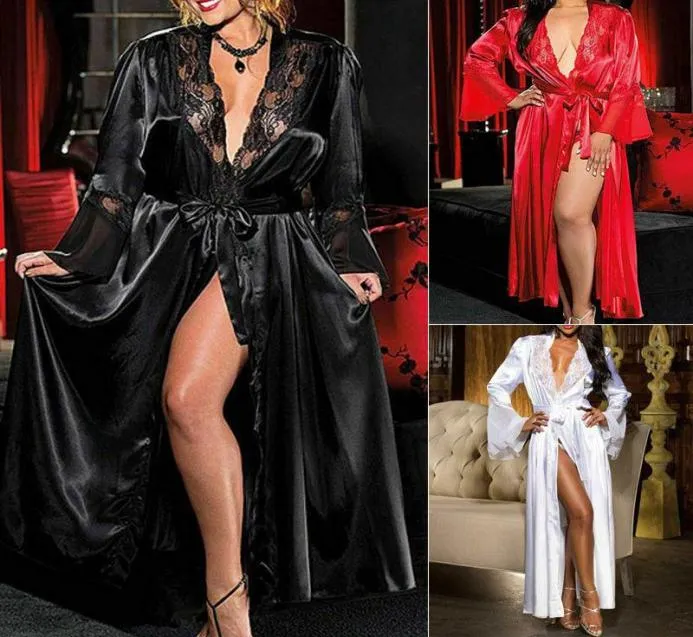 Women039s Sleep abbigliamento Sexy Womy Lady Lingerie in raso in seta in pizzo patchwork abito accappatoi gstring lunghi notwear kimono Robe con9766388